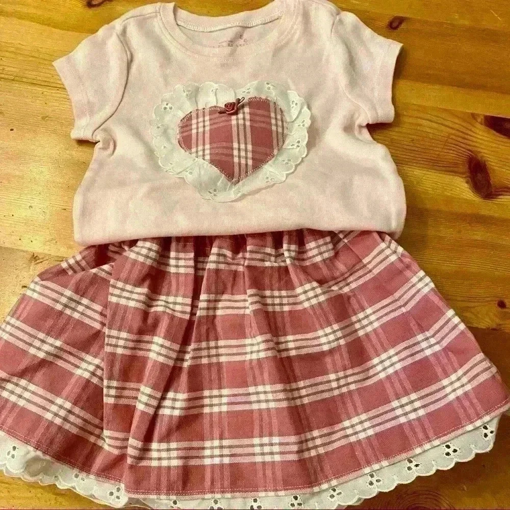 Handmade shirt and skirt girls 12-18 months gingham with lace bundle